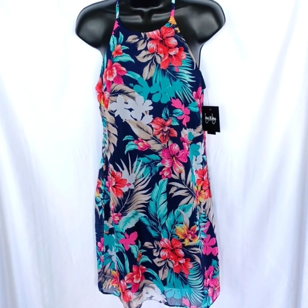 By & By dress size large navy floral halter style spaghetti strap lining jr sz M